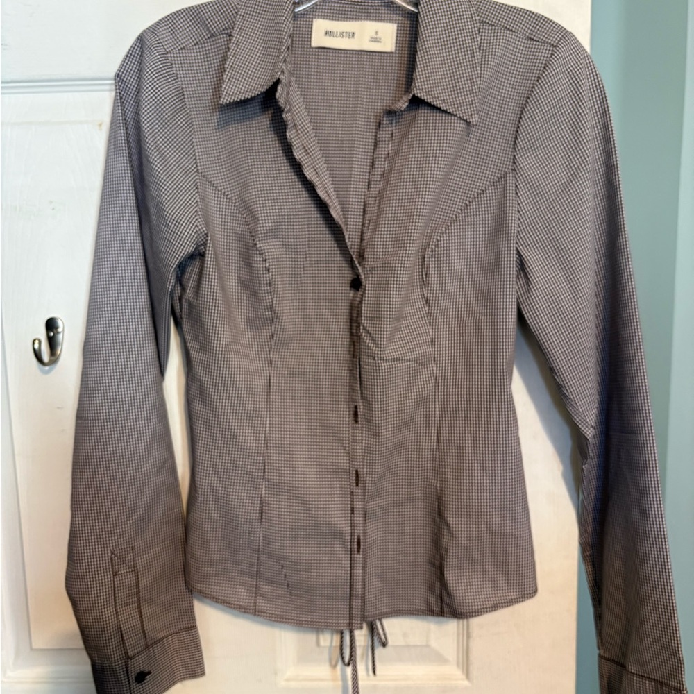 Hollister Brown and White Checkered Blouse Womens S